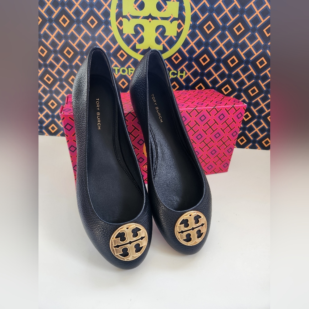 Tory Burch Black Flats with Gold Logo